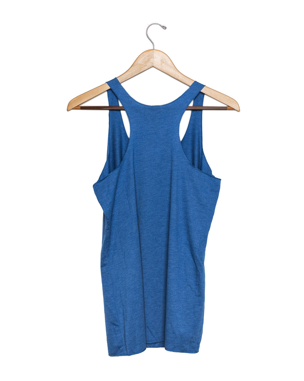 Blue tank top back view showing the racerback on a wooden hanger against a white background