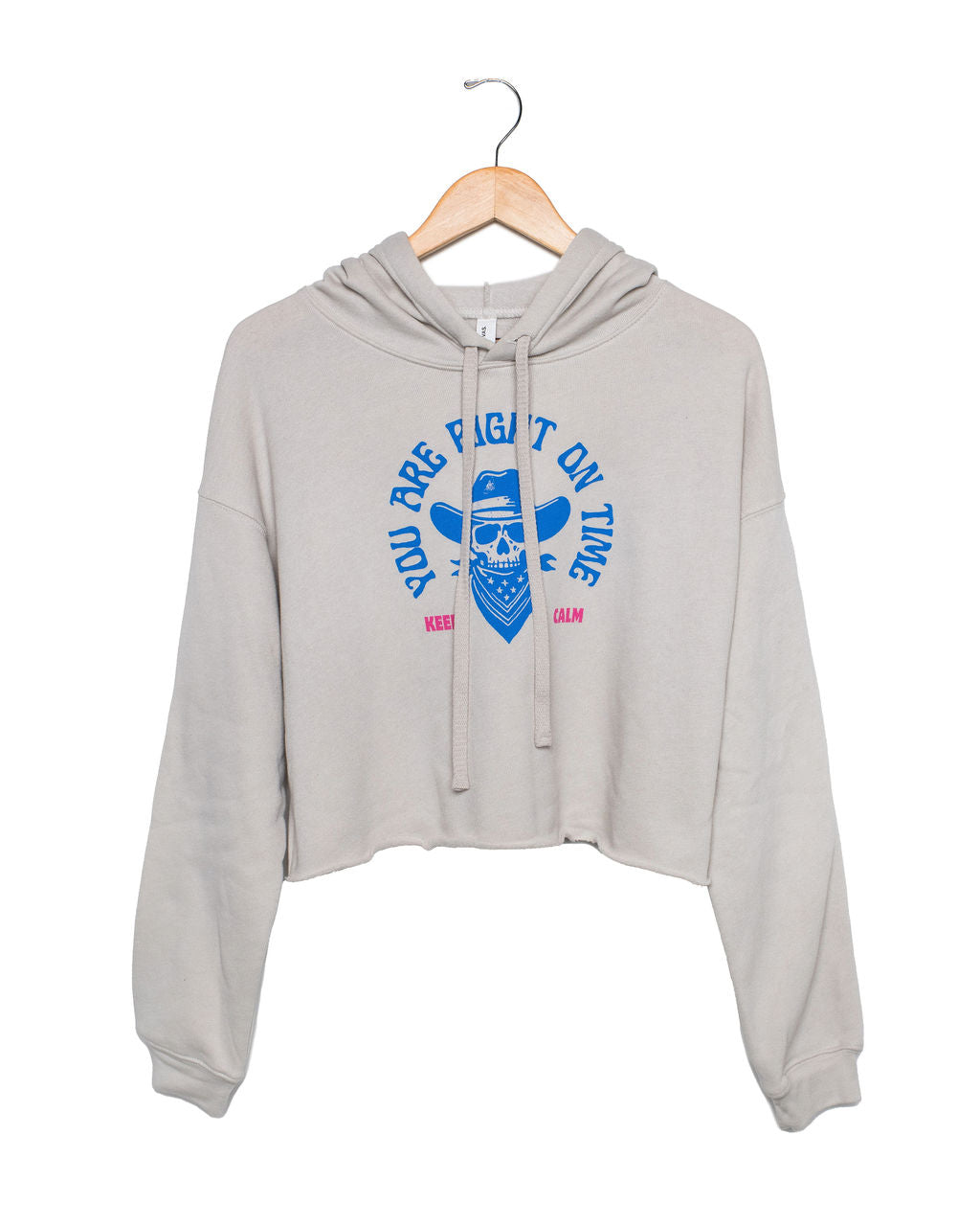 Heather Dust hoodie with blue and pink graphic design saying "You Are Right on Time, Keep Calm" on a white background