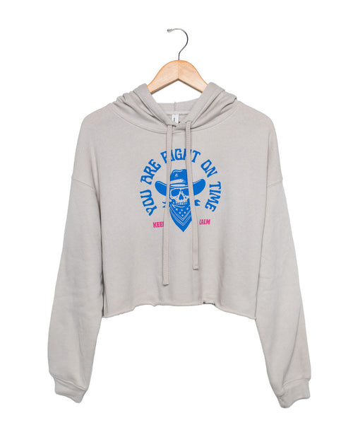 Heather Dust hoodie with blue and pink graphic design saying "You Are Right on Time, Keep Calm" on a white background