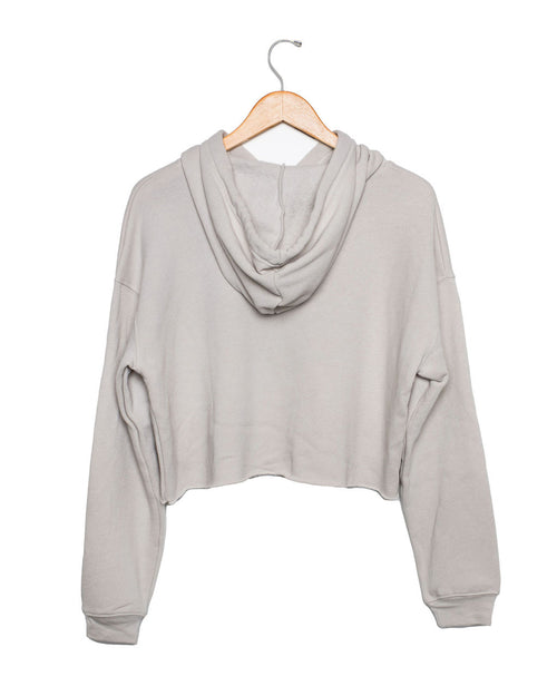 Heather Dust hoodie on a hanger against a white background view from the back
